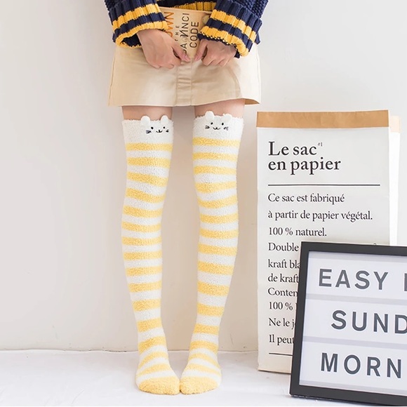 Whimsical Plush Animal Yellow Striped Kitten Fuzzy Knee Socks - Picture 2 of 12